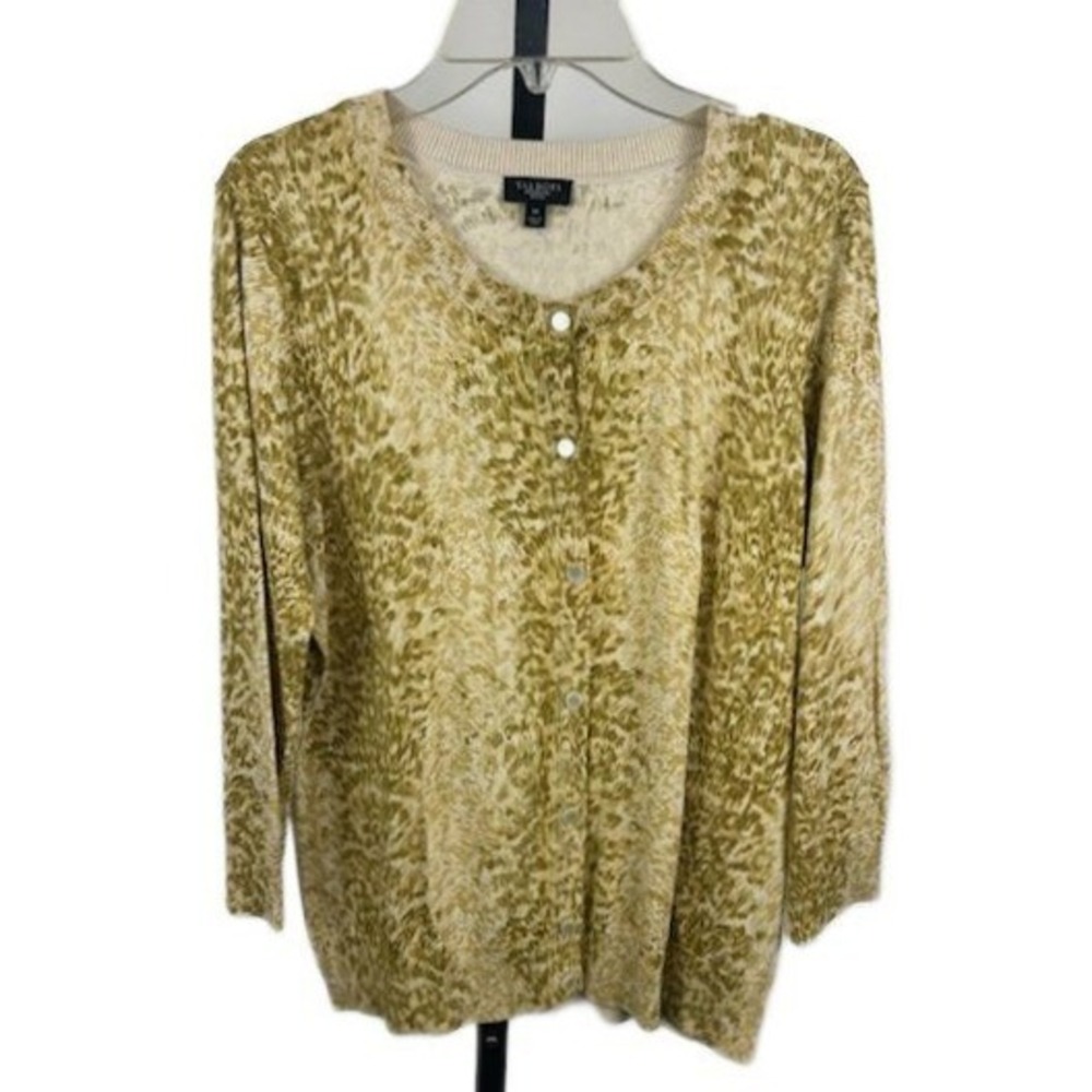 Talbots Cardigan‎ Sweater Women's Size MP Medium Petite Green Tan Yellow Leopard
